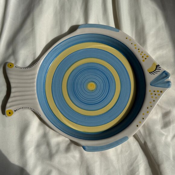 EUC H.F. Coors Fish Shape Serving Plate, China, White, Blue, & Yellow, 12.5 in.